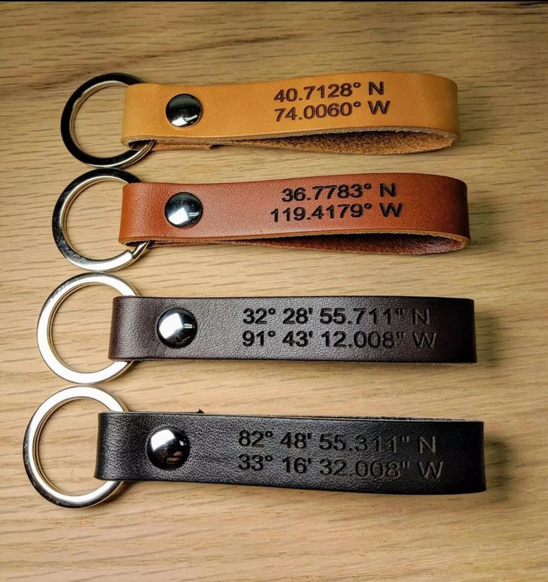 Personalized Leather Keychain Latitude Longitude Keychain, Personalized Key Chain Leather Key Ring Father Gift Boyfriend Gift