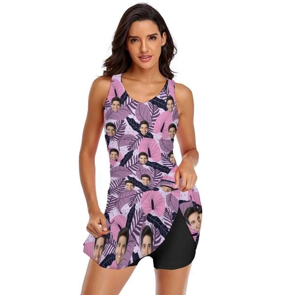 Custom Face Purple Leaves Swimdress For Women One Piece Swimsuit