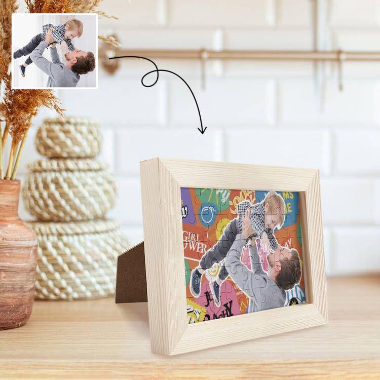 Custom Photo Dad  & Kids Playing Family Time Solid Wood Jigsaw Puzzle Frame