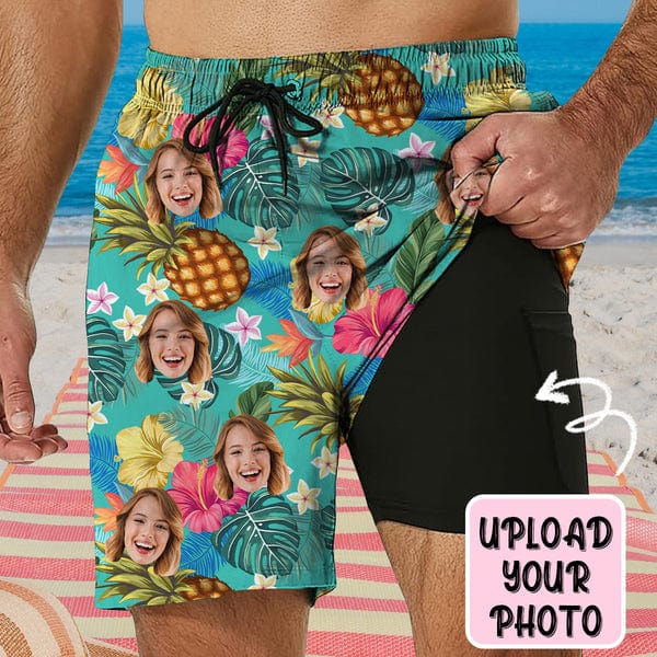 Special Offer#Personalized Face Swim Trunks Custom Face Pineapple Flowers Quick Dry Men's Swim Shorts