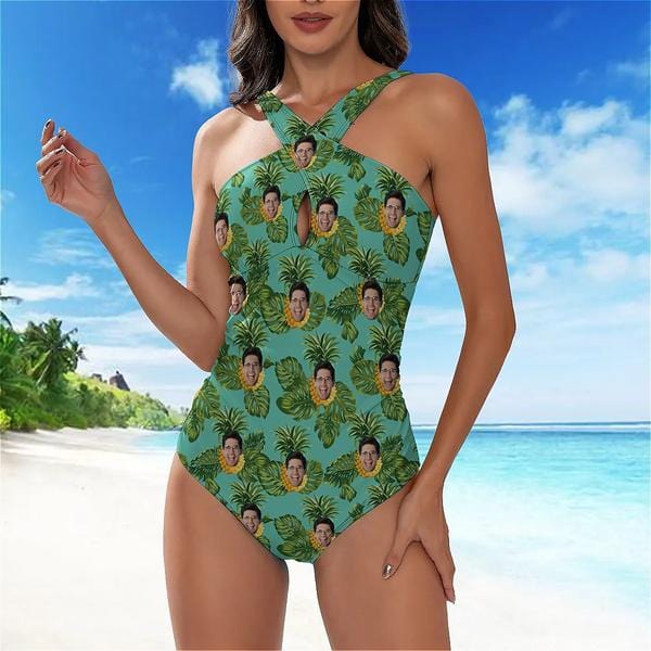 Custom Face Cross Collar One Piece Swimsuit Personalized Women&