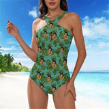 Custom Face Cross Collar One Piece Swimsuit Personalized Women's Backless Swimsuit Bathing Suit