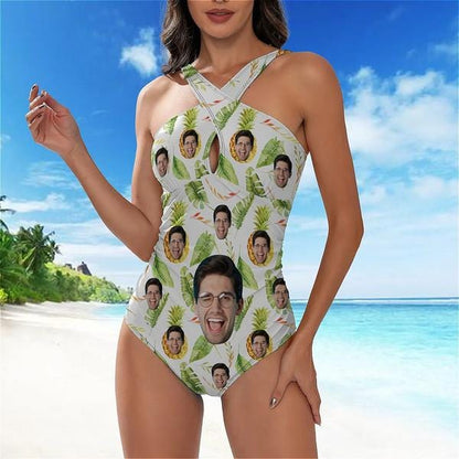 Custom Face Cross Collar One Piece Swimsuit Personalized Women&