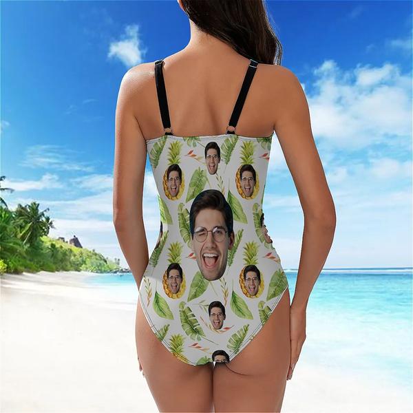 Custom Face Cross Collar One Piece Swimsuit Personalized Women&