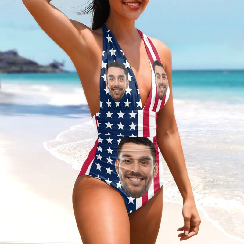 Custom Face American Flag Women's Halter Neck Tie One Piece Swimsuit Sexy Backless Wide Straps V Neck