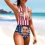 Custom Face American Flag Women's Halter Neck Tie One Piece Swimsuit Sexy Backless Wide Straps V Neck