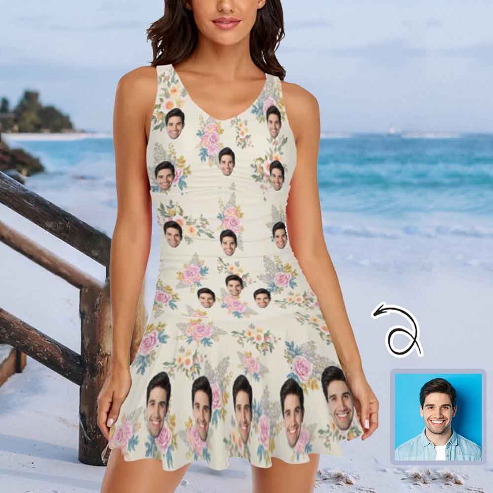 Custom Face Pink Floral Beige Swimdress For Women One Piece Swimsuit