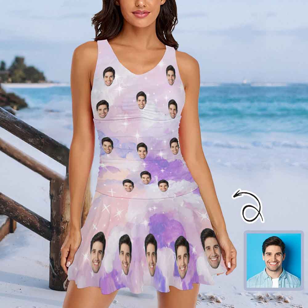 Custom Face Fantasy Clouds Shining Star Swimdress For Women One Piece Swimsuit