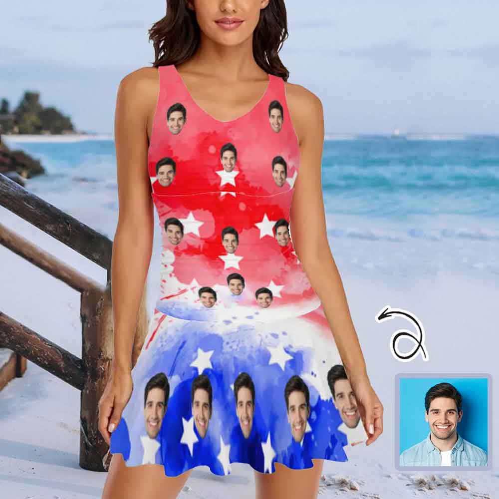 Custom Face Red And Blue Rendering Swimdress For Women One Piece Swimsuit