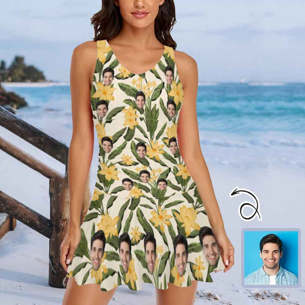 Custom Face Yellow Flower Swimdress For Women One Piece Swimsuit