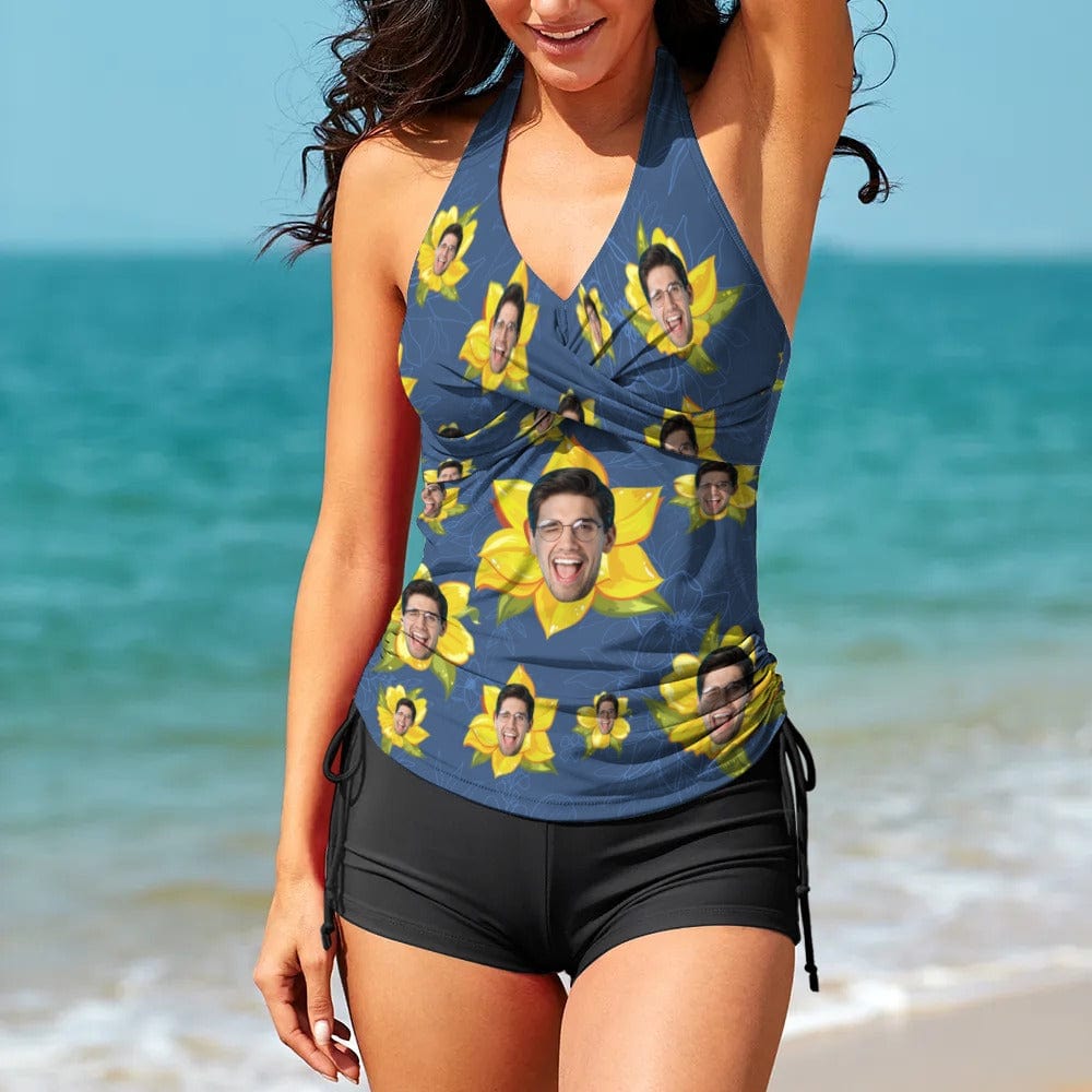 Custom Face Yellow Flowers Tankini Personalized Two Pieces Women Swimsuit