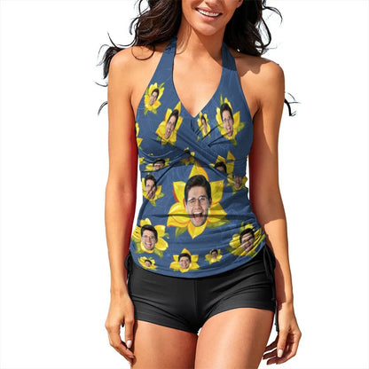 Custom Face Yellow Flowers Tankini Personalized Two Pieces Women Swimsuit