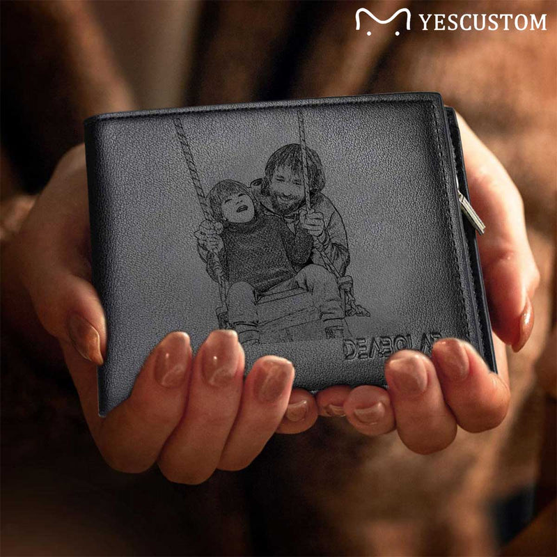 Father's Day Gifts | Custom Photo Swing With Dad Happy Engraved Bifold Men's Leather Wallet Personalized Photo Wallet For Dad-Put Your Photo On Wallet