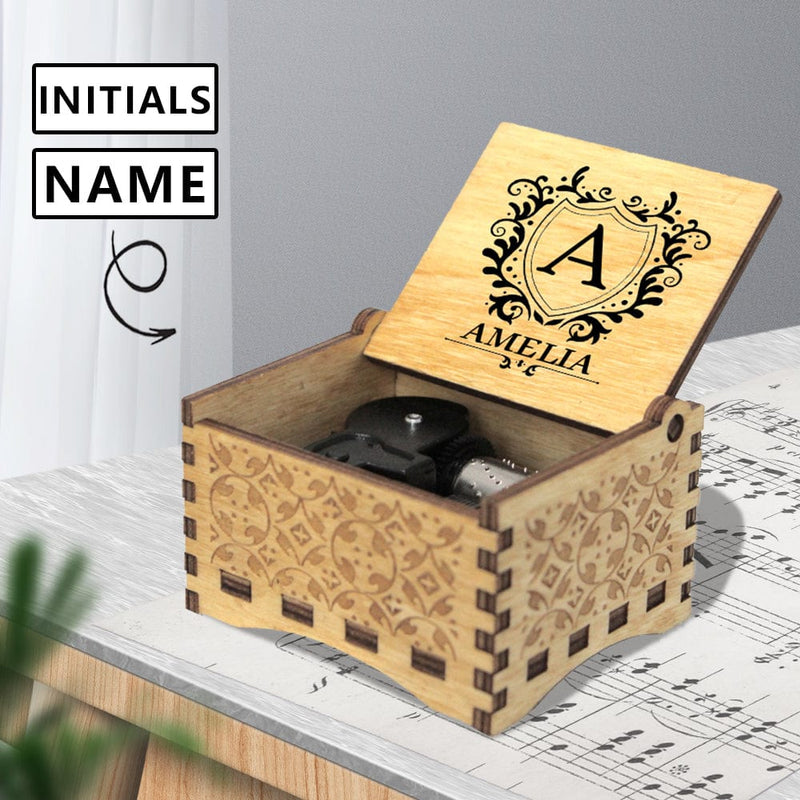 Custom Name&Initials Shield Wooden Music Box Personalized Text Music Box Gift