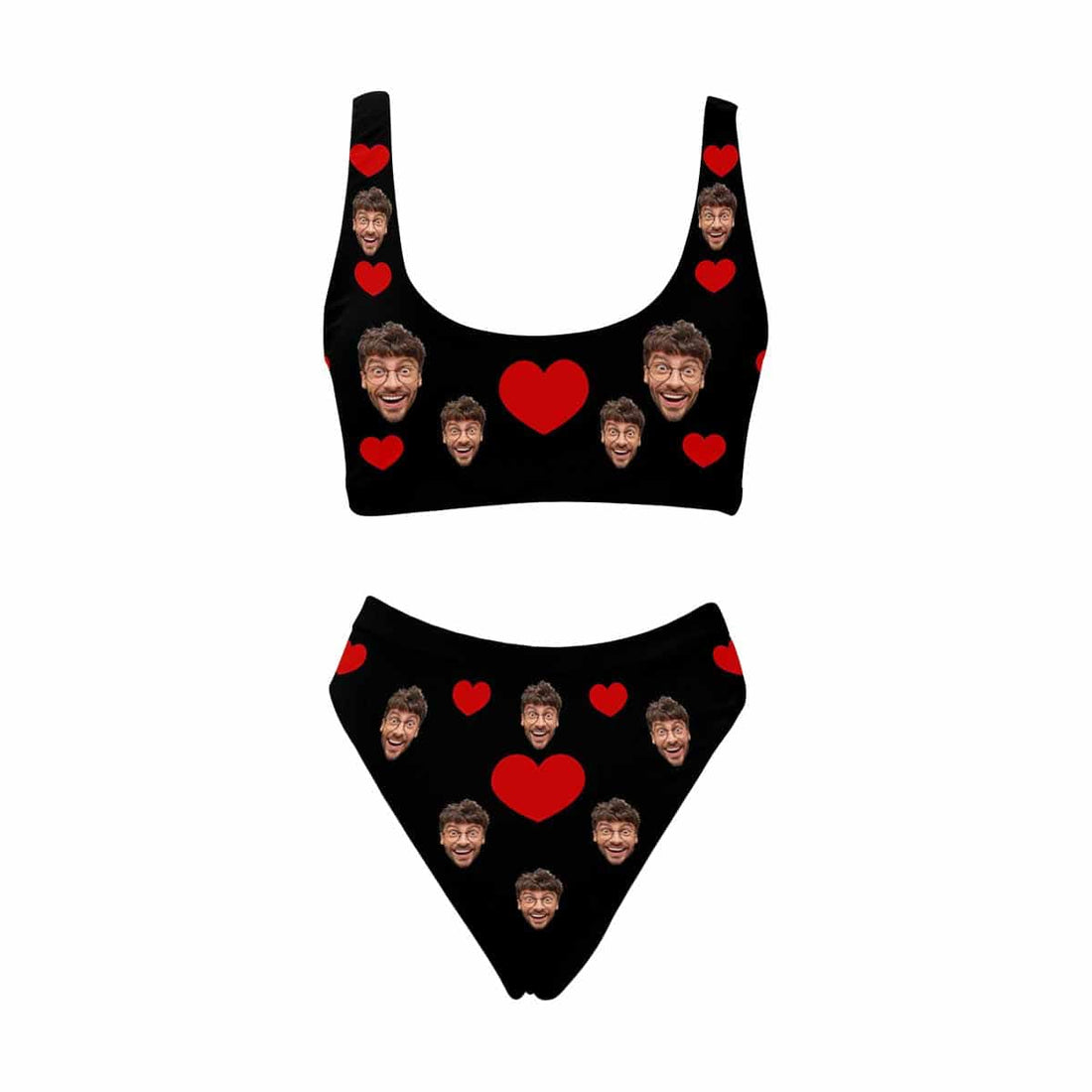 Plus Size Custom Heart Face Black Low Cut Crew Neck Sports Bikini Personalized Two Piece Swimwear Beach Pool Outfit