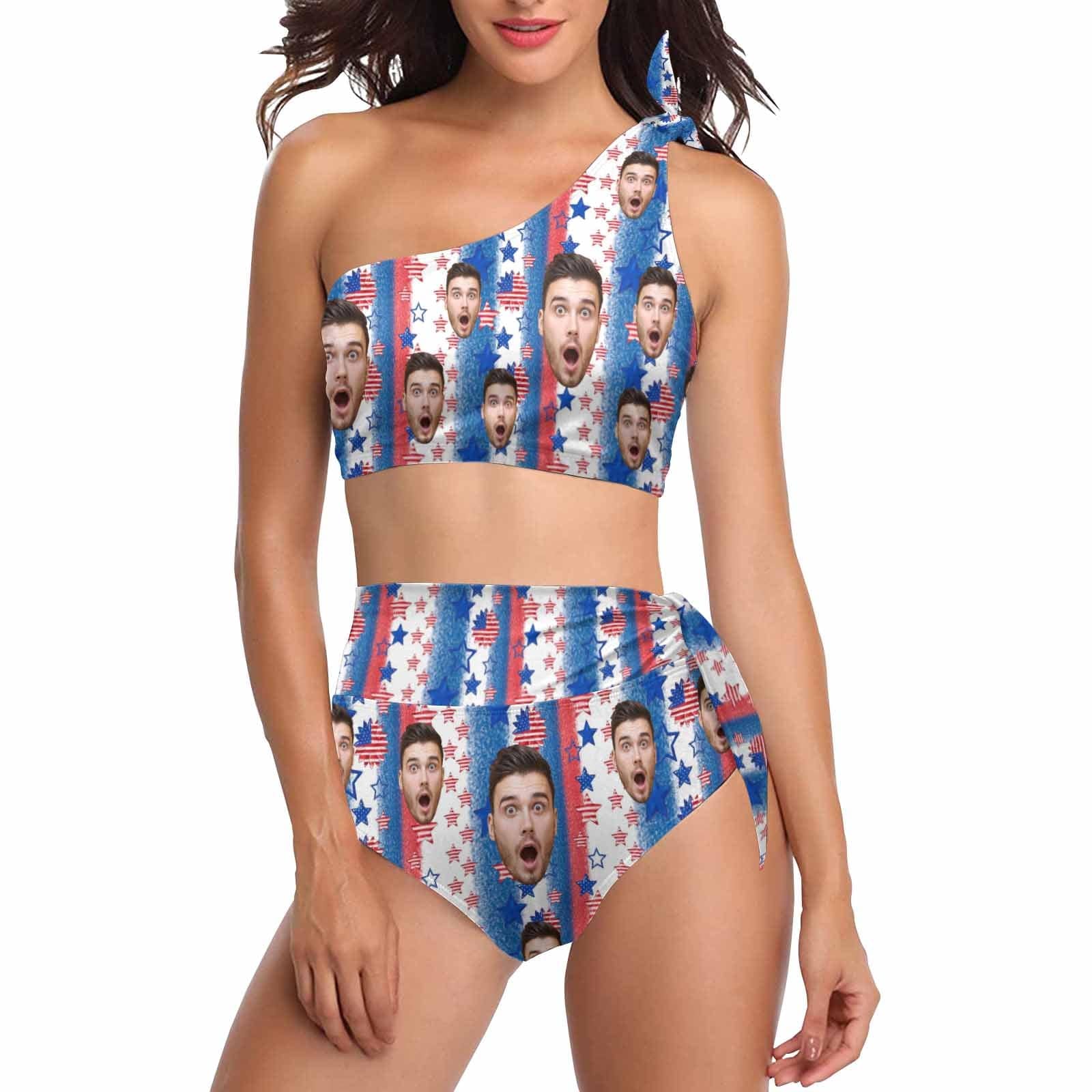 Custom Face Star River Flag Print High Waisted One Shoulder Bikini Set