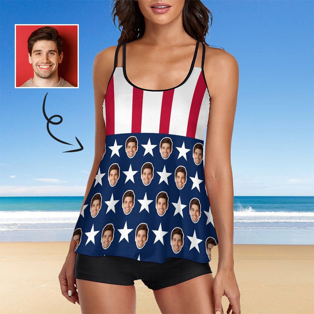 Custom American Flag Face Tankini Bathing Suit Personalized Two Piece Summer Beach Pool Swimsuit