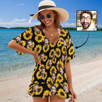 Custom Sunflower Face Cover Up Dress Personalized One Piece Cover Up