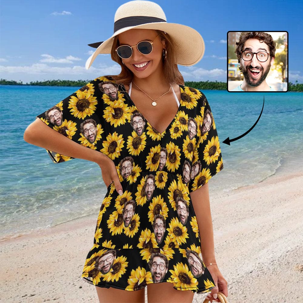 Custom Sunflower Face Cover Up Dress Personalized One Piece Cover Up