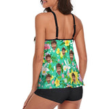 Custom Green Flower Face Tankini Bathing Suit Personalized Two Piece Swimsuit