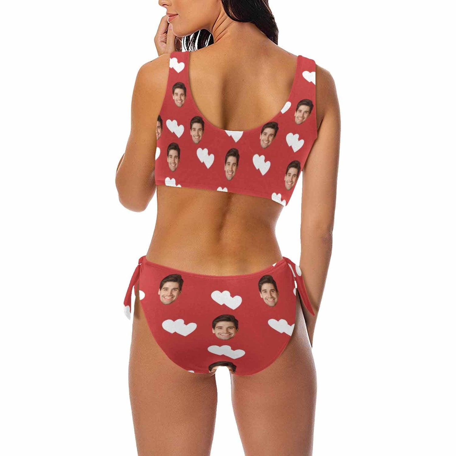 Custom Heart Face Red Chest Strap Low Waisted Bikini Personalized Two Piece Swimsuit