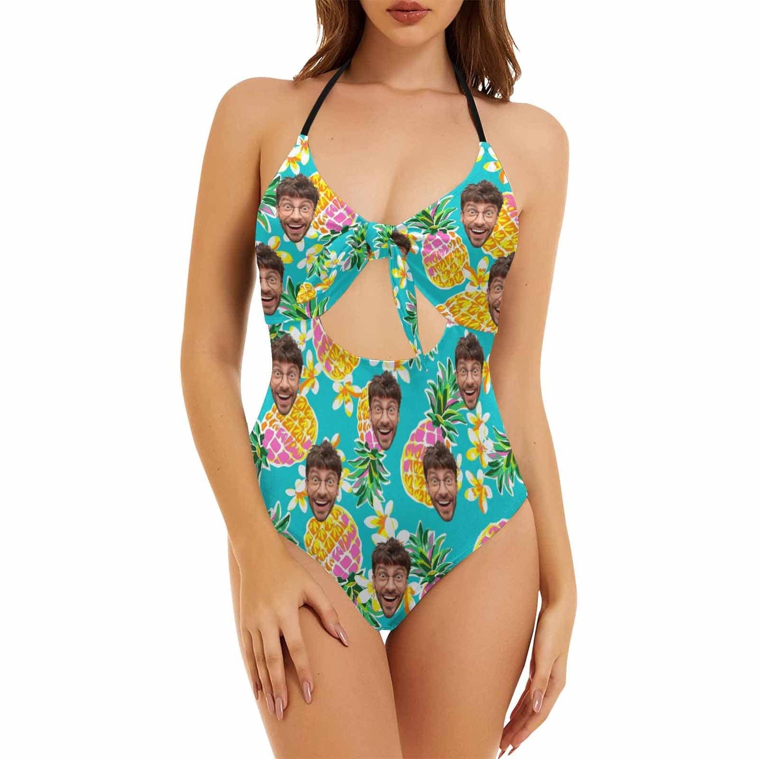 Custom Pineaaple Face Backless Bow One Piece Swimsuit Personalized Beach Pool Outfit