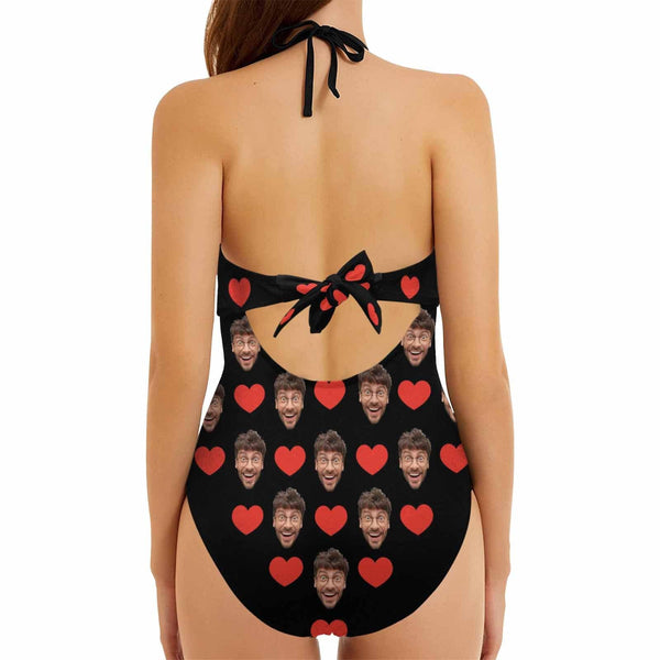 Custom Heart Face Black Backless Bow One Piece Swimsuit Personalized Beach Pool Outfit