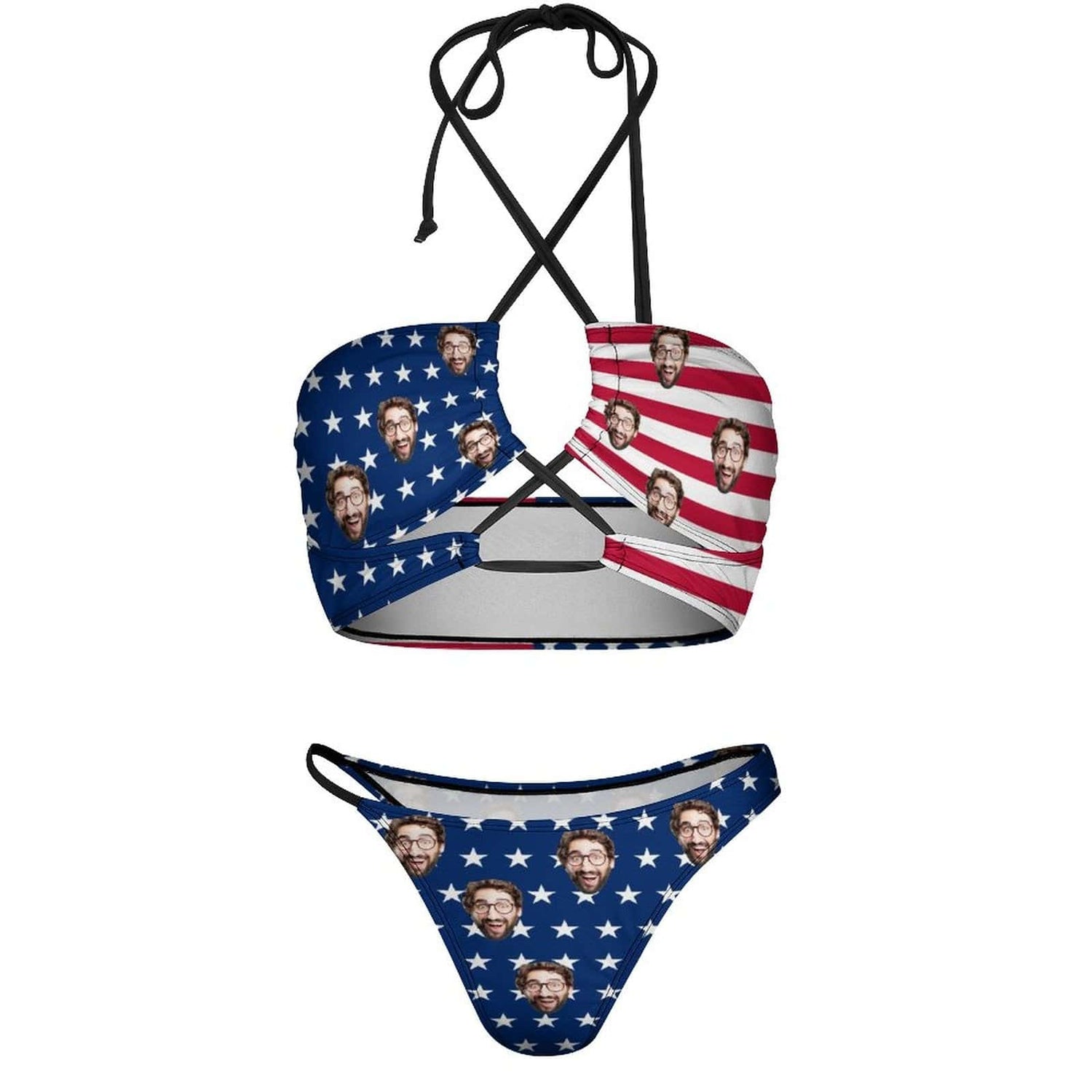 Custom American Flag Face Neckline Cutout Criss Cross Bikini Personalized Swimsuit Bathing Suit