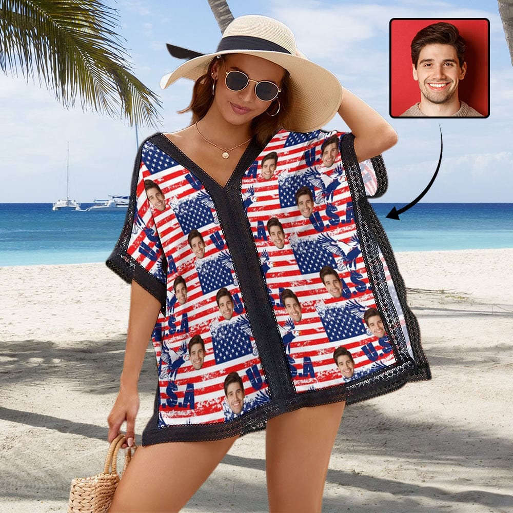 Custom Ameraican Flag Face Cover Up Personalized One Piece Cover Up Summer Beach Pool Outfit