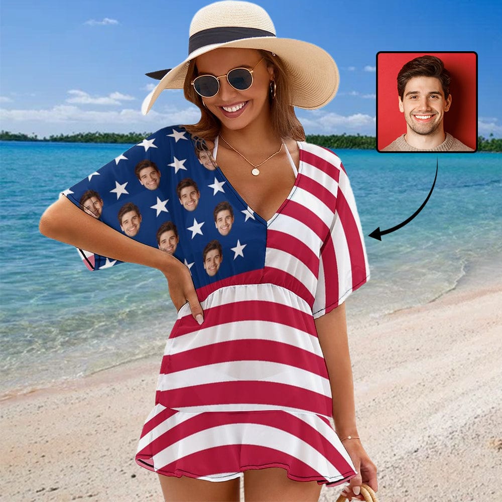 Custom Stars&amp;Stripes Face Cover Up Dress Personalized One Piece Cover Up Summer Outfit