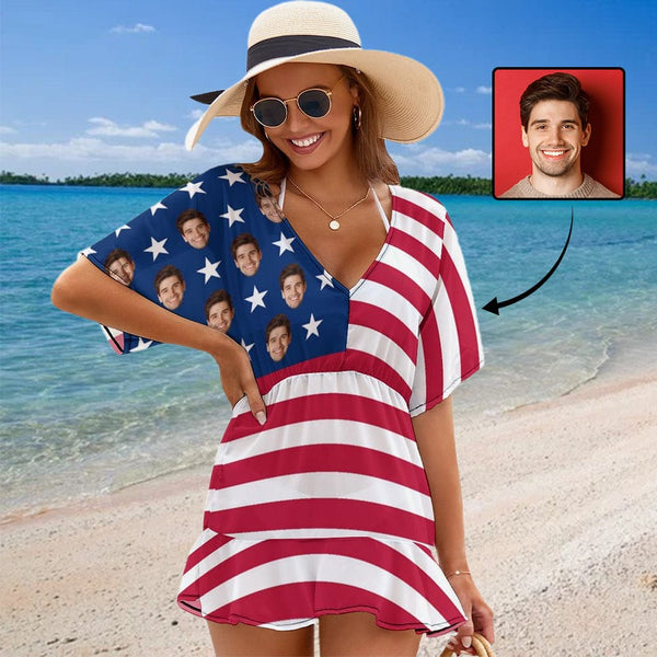 Custom Stars&Stripes Face Cover Up Dress Personalized One Piece Cover Up Summer Outfit