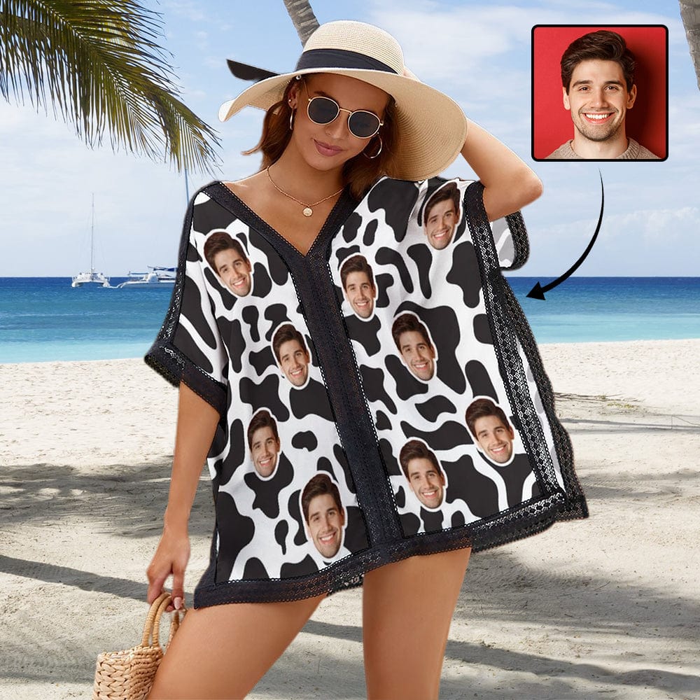 Custom White&amp;Black Face Cover Up Personalized One Piece Cover Up Summer Beach Pool Outfit