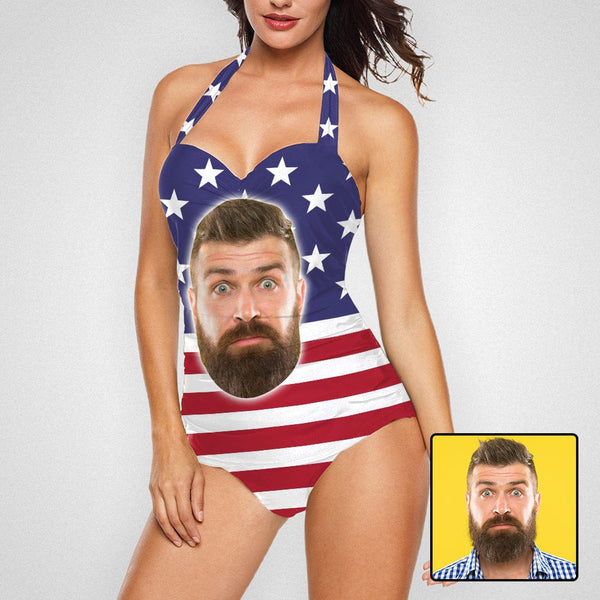 Custom Face Stars Stripes Strap One-piece Retro Bikini Swimsuit