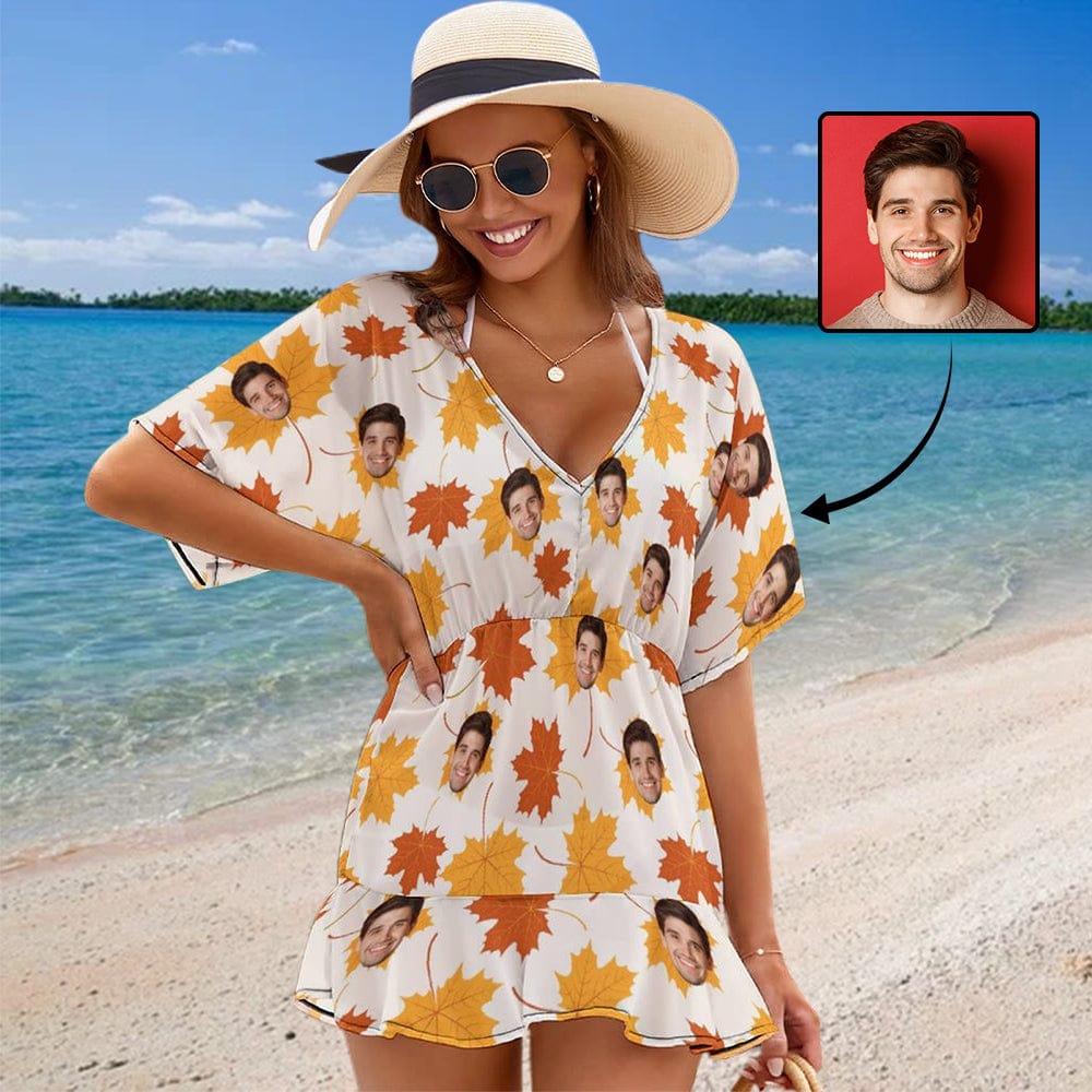 Custom Maple Leaves Face Cover Up Dress Personalized One Piece Cover Up Summer Outfit