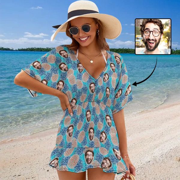 Custom Face Blue Pineapple Cover Up Dress Personalized One Piece Cover Up
