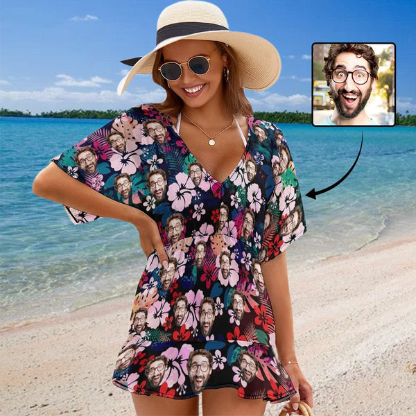 Custom Face Dark Flower Cover Up Dress Personalized One Piece Cover Up