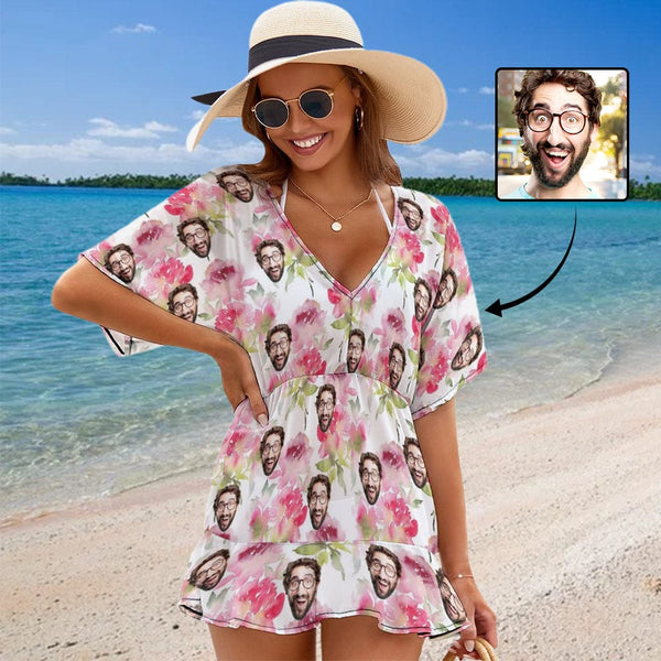 Custom Face Pink Flowers Cover Up Dress Personalized One Piece Cover Up