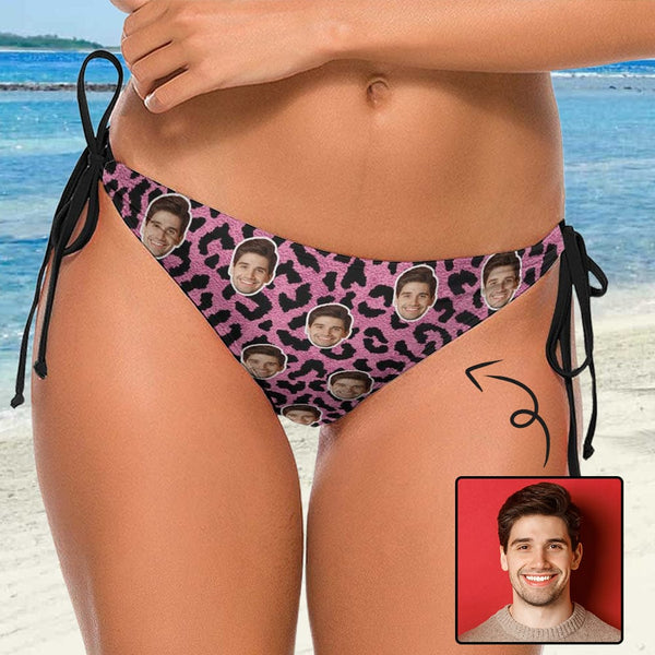 Custom Pink Leopard Face Halter Bikini Bottom Personalized Bikini Swimsuit Bottom