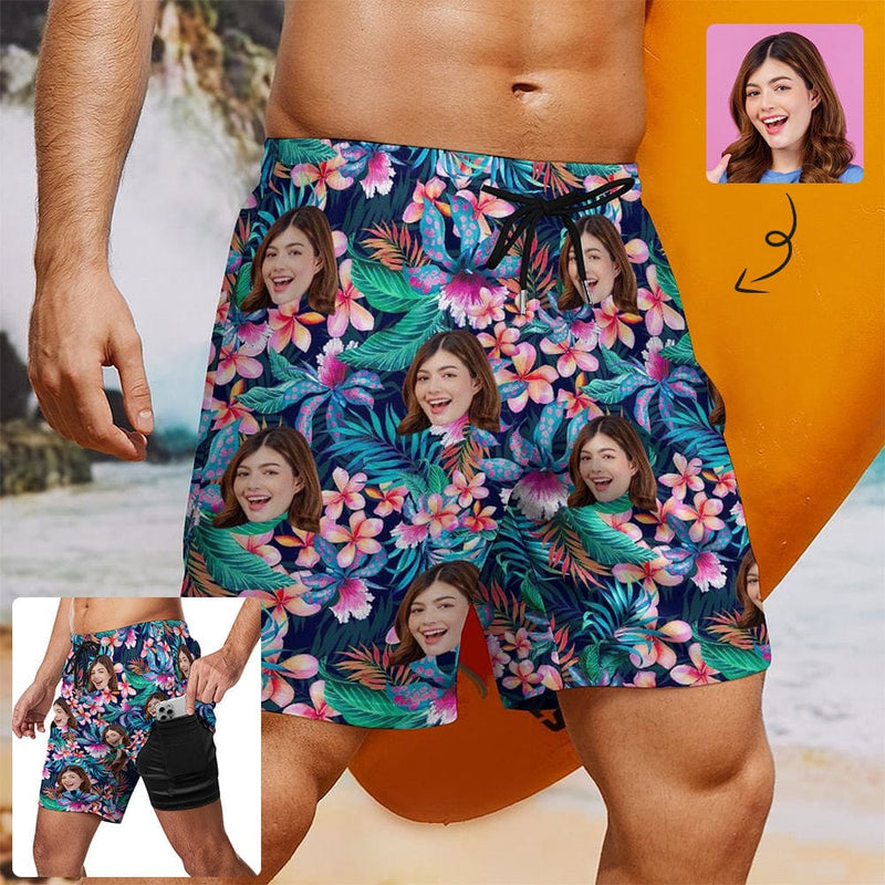 Custom Face Dark Flowers 2 in 1 Quick-Dry Swim Shorts with Pocket Personalized Swim Trunks