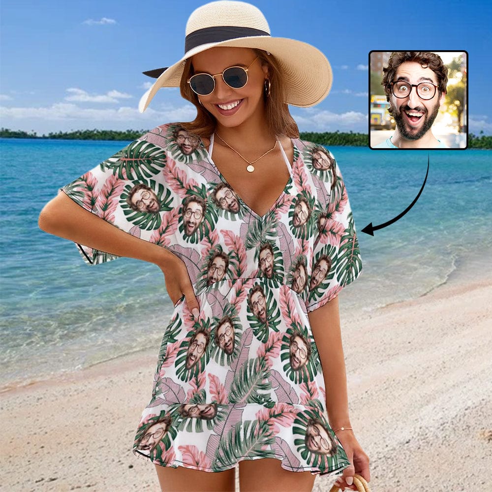 Custom Face Leaves Cover Up Dress Personalized One Piece Cover Up