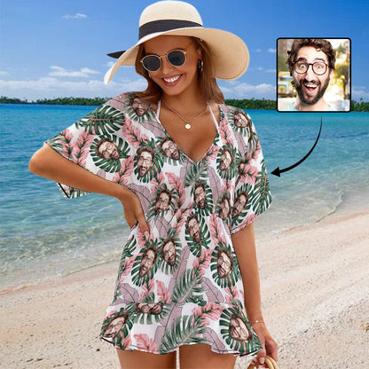 Custom Face Leaves Cover Up Dress Personalized One Piece Cover Up