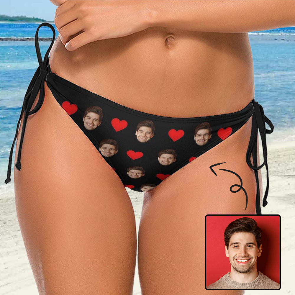 Custom Face Black Heart Halter Bikini Bottom Personalized Bikini Swimsuit Bottom