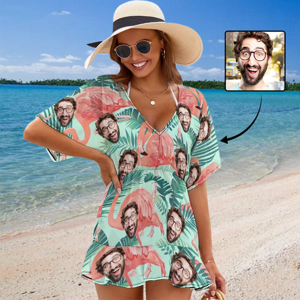Custom Face Flamingo Cover Up Dress Personalized One Piece Cover Up