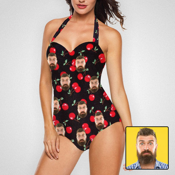 Custom Face Cherries Black Strap One-piece Retro Bikini Swimsuit