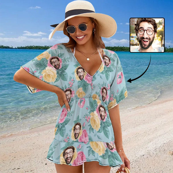 Custom Face Light Blue Flowers Cover Up Dress Personalized One Piece Cover Up