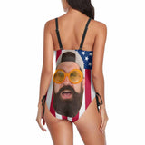 Custom American Flag Funny Face Drawstring Side Tank Top Swimsuit Personalized Bathing Suit