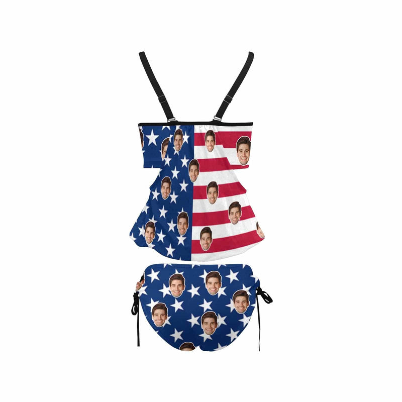 Custom American Flag Face Tankini Personalized Bikini Top Set Swimwear Two Piece Bathing Suit