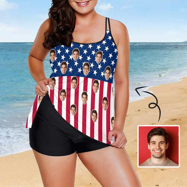 Plus Size Custom Ameican Flay Face Tankini Bathing Suit Personalized Two Piece Summer Beach Pool Swimsuit
