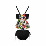 Custom White Flower&Leaves Face Tankini Bathing Suit Personalized Two Piece Swimsuit