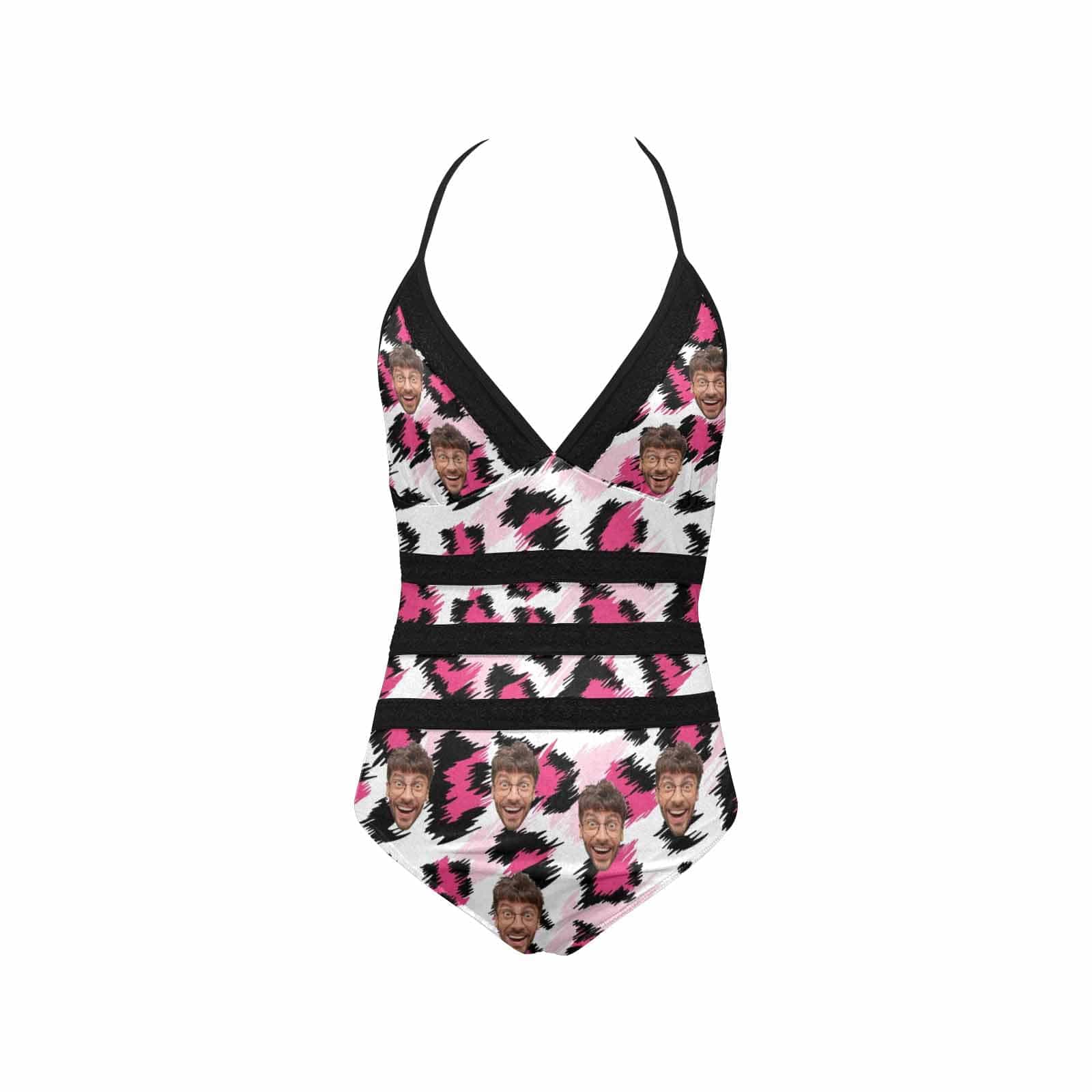 Plus Size Custom Pink Leopard Face Black Sling One Piece Swimsuit Personalized Beach Pool Outfit Honeymoons Party